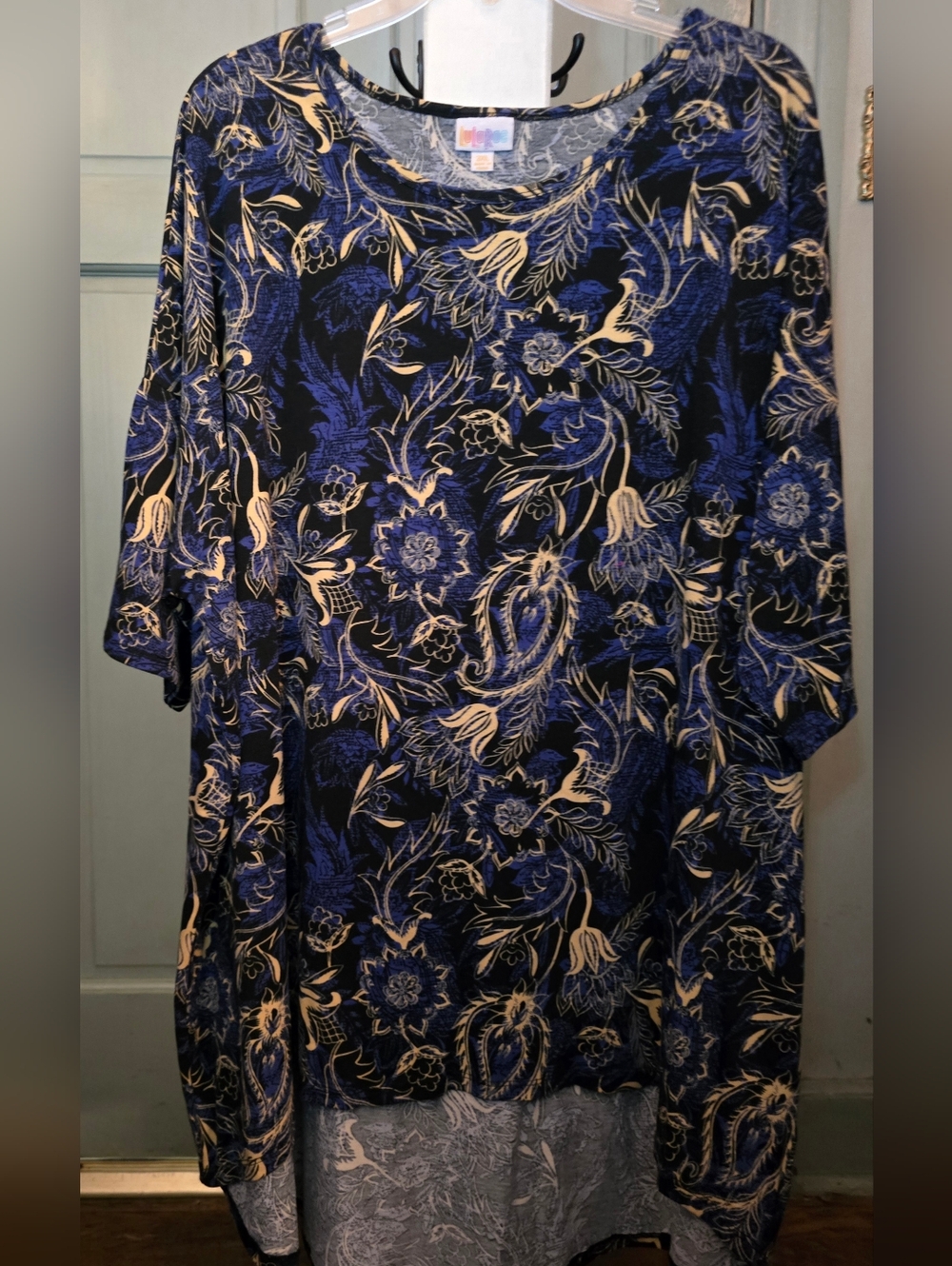 NWOT LuLaRoe Irma Navy Blue and Cream Floral Jersey Top